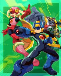  1girl 3boys absurdres arm_cannon blonde_hair blue_bodysuit blue_helmet bodysuit clenched_hand commentary english_commentary full_body glide.exe_(mega_man) green_background green_eyes group_picture gutsman.exe helmet highres leotard long_hair mega_man_(series) mega_man_battle_network_(series) megaman.exe multiple_boys netnavi one_eye_closed pink_leotard pointing roll.exe_(mega_man) saturnserkel simple_background weapon 