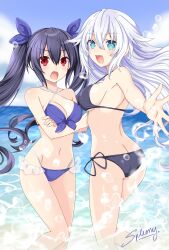  aqua_eyes artist_name bare_shoulders beach bikini black_bikini black_hair black_heart_(neptunia) blue_bikini blush breasts choujigen_game_neptune frilled_bikini frills hair_between_eyes highres large_breasts long_hair looking_at_viewer medium_breasts multiple_girls neptune_(series) noire_(neptunia) ocean open_mouth power_symbol power_symbol-shaped_pupils red_eyes signature smile spleeny swimsuit symbol-shaped_pupils twintails very_long_hair white_hair 