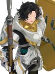  1boy armor black_hair closed_eyes fire_emblem fire_emblem_engage full_armor highres holding holding_polearm holding_weapon louis_(fire_emblem) male_focus mikami open_mouth polearm shield short_hair shoulder_armor solo spear weapon white_background 