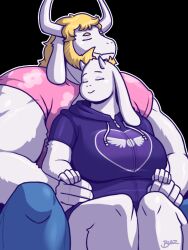  1boy 1girl 2016 2d animal_ears anthro aqua_pants artist_name asgore_dreemurr beard behind_another black_background blazbaros blonde_hair body_fur breasts closed_eyes commentary couple delta_rune_(symbol) delta_rune_print digital_media drawstring droopy_ears duo english_commentary facial_hair fangs female floppy_ears floral_print furry furry_female furry_male furry_with_furry goat goat_boy goat_ears goat_girl goat_horns height_difference hetero hood hood_down hoodie horns husband_and_wife large_breasts male mammal monster monster_boy monster_girl official_alternate_costume outline pants pink_shirt purple_hoodie shirt short_sleeves simple_background sitting skin_fangs t-shirt toriel undertale utdr_(toby_fox) white_fur white_horns white_outline 