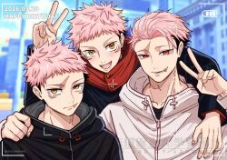  3boys :d age_comparison aratameteee arm_on_another's_shoulder battery_indicator black_jacket blurry blurry_background blush building buttons closed_mouth collarbone commentary_request crew_cut curtained_hair dated day expressionless facial_recognition forehead hand_on_another's_shoulder happy_birthday hood hood_down hooded_jacket itadori_yuuji jacket jujutsu_kaisen jujutsu_kaisen_modulo jujutsu_tech_uniform light_smile long_sleeves looking_at_viewer male_focus multiple_boys multiple_persona nostrils open_mouth outdoors parted_lips pink_hair red_eyes scar scar_across_eye scar_on_face scar_on_mouth school_uniform short_bangs short_hair sky smile upper_body upturned_eyes v very_short_hair viewfinder watermark white_jacket winter_uniform yellow_eyes zipper_pull_tab 