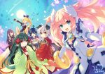  3boys 3girls ahoge animal_ears blonde_hair blue_eyes carrot cherry_blossoms closed_eyes dog_boy dog_ears dog_tail fox_girl fox_tail green_hair hair_between_eyes holding holding_carrot holding_microphone japanese_clothes kanata_(trinity_universe) long_hair long_sleeves looking_at_viewer lucius_(trinity_universe) microphone mizuki_(trinity_universe) multiple_boys multiple_girls open_mouth petals purple_hair red_eyes rizelia_(trinity_universe) smile suzaku_(trinity_universe) tail trinity_universe tsubaki_(trinity_universe) tsunako twintails yellow_eyes 