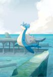  afloat bright_pupils closed_mouth clouds commentary_request day grey_eyes highres lapras looking_up momota_pix no_humans outdoors pokemon pokemon_(creature) sky smile solo water white_pupils 