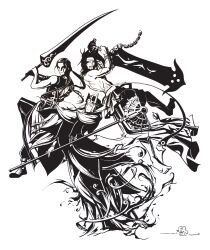  3boys amano_yoshitaka_(style) auron box_art braska color_trace cover facial_hair fake_box_art fake_cover final_fantasy final_fantasy_x final_fantasy_x-2 highres holding holding_staff holding_sword holding_weapon jecht kingcael logo_parody male_focus monochrome multiple_boys parody simple_background smile staff style_parody sword waves weapon 
