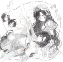  2girls alternate_costume arm_support arm_warmers black_hair chibi chibi_inset commentary cup dress dual_persona feet_out_of_frame from_side hands_on_own_knee hat high_heels highres isolde_(reverse:1999) leg_ribbon leg_up long_hair lv11 lying lying_on_person multiple_girls on_back plate puffy_short_sleeves puffy_sleeves reverse:1999 ribbon shoes short_sleeves sitting sleeveless sleeveless_dress socks teacup teapot violet_eyes white_arm_warmers white_background white_dress white_hat white_ribbon white_shoes white_socks 