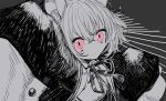  1girl animal_ear_fluff animal_ears arm_up cat_ears cat_girl coat coefont collared_shirt commentary_request crossed_bangs dot_mouth empty_eyes expressionless grey_background greyscale highres looking_at_viewer monochrome neck_ribbon neko_no_sayo open_clothes open_coat pink_eyes ribbon shirt short_hair sleeves_past_fingers sleeves_past_wrists slit_pupils solo spot_color upper_body voicevox wide_sleeves yoshino_ns 