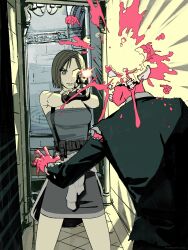  1girl absurdres beretta_92 blue_tank_top blue_tube_top clothes_around_waist edpan fingerless_gloves gloves gun handgun highres holding holding_gun holding_weapon jill_valentine resident_evil resident_evil_3:_nemesis short_hair strapless sweater sweater_around_waist tank_top tube_top weapon zombie 