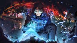  1girl 2boys aedd_(e.g.o) ardor_blossom_star_(e.g.o) baton_(weapon) beard_stubble black_pants black_shirt blood blood_on_clothes blue_coat blue_necktie cigarette coat collared_shirt computer_keyboard e.g.o_(project_moon) electricity facial_hair game_cg glasses gloves green_gloves gregor_(project_moon) hammer highres holographic_interface lantern_(e.g.o) lce_(identity)_(project_moon) limbus_company multiple_boys nai_ga nail_(hardware) necktie official_art pants project_moon shirt stubble weapon white_hair yi_sang_(project_moon) 