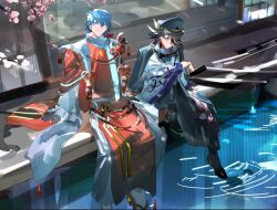  2boys 99ki5 arm_on_knee balcony black_hair black_hat blue_hair bruno_(yu-gi-oh!) building cherry_blossoms coat dappled_sunlight earrings facing_to_the_side flower fudo_yusei grey_eyes grey_kimono hair_over_one_eye hand_fan hand_on_ground hat holding holding_fan jacket jacket_on_shoulders japanese_clothes jewelry kimono knee_up ledge looking_to_the_side male_focus multiple_boys open_clothes open_coat open_door outdoors peaked_cap pink_flower pool red_kimono ripples sandals scarf side-by-side sitting spiky_hair sunlight tree unworn_coat water white_scarf yu-gi-oh! yu-gi-oh!_5d's 