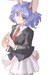  1girl animal_ears black_jacket blue_hair closed_mouth collared_shirt commentary highres jacket long_sleeves looking_at_viewer nanataru10 necktie one-hour_drawing_challenge rabbit_ears rabbit_girl rabbit_tail red_eyes red_necktie reisen_(touhou_bougetsushou) shirt short_hair skirt solo tail touhou white_shirt white_skirt 