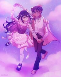  1boy 1girl alternate_costume alternate_eye_color alternate_hair_color alternate_universe artist_name bespectacled black_eyes black_hair black_pants blush brown_eyes brown_hair cape closed_mouth collared_shirt colored_inner_hair commentary crown double-parted_bangs english_commentary glasses hair_between_eyes hero_(faraway)_(omori) hero_(omori) highres long_hair long_sleeves mari_(faraway)_(omori) mari_(omori) mini_crown multicolored_hair omori pants purple_hair round_eyewear shirt short_hair smile thigh-highs two-tone_hair white_shirt white_thighhighs zoewillowz 