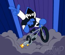  1boy 2019 2d artist_name bicycle blue_tongue colored_tongue creature deltarune digital_media door dust_cloud full_body ground_vehicle in-universe_location index_finger_raised lancer_(deltarune) male male_focus male_only oekaki open_mouth riding riding_bicycle solo spade_(shape) squimpus tongue tongue_out utdr_(toby_fox) vehicle 
