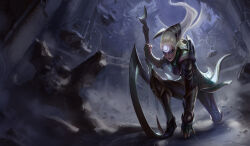  1girl absurdres armor breastplate closed_mouth commentary_request cuisses debris destruction diana_(league_of_legends) facial_mark fingerless_gloves forehead_mark full_moon gloves glowing glowing_eyes greaves grey_eyes highres holding holding_weapon kienan_lafferty league_of_legends leaning_on_object leaning_on_weapon light_particles long_hair moon official_art on_one_knee pauldrons poleyn shoulder_armor solo third-party_source vambraces weapon white_hair white_nails 