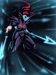  1girl 2016 2d alternate_form anthro aqua_background armor artist_name black_background black_sclera blazbaros blue_skin breastplate breasts colored_sclera colored_skin colored_teeth commentary digital_media dual_wielding dynamic_pose ear_fins english_commentary female female_only fins fish fish_girl full_body gauntlets genocide_route_(undertale) head_fins high_ponytail holding holding_polearm holding_spear holding_weapon long_hair monster monster_girl polearm ponytail red_hair sharp_teeth slit_pupils solo spear teeth two-tone_background undertale undyne undyne_the_undying utdr_(toby_fox) weapon white_pupils yellow_teeth 