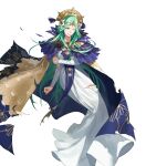  1girl aqua_hair cape dress fire_emblem fire_emblem:_three_houses fire_emblem_heroes flower full_body gold_trim green_eyes hair_ornament highres long_dress long_hair long_sleeves non-web_source official_art rhea_(fire_emblem) skirt solo transparent_background zonotaida 