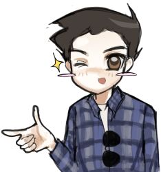  1boy 1hollownesses ;d alternate_skin_color animification arm_at_side bad_anatomy bad_face black-framed_eyewear blue_shirt blush blush_stickers brown_eyes brown_hair collared_shirt commentary deformed elliot_rodger hair_behind_ear index_finger_raised lightened_skin long_sleeves looking_at_viewer male_focus no_nose one_eye_closed open_mouth pale_skin plaid_clothes plaid_shirt pointing pointing_to_the_side real_life shirt short_hair smile solo sparkle straight-on sunglasses true_crime unworn_eyewear upper_body v-shaped_eyebrows very_short_hair white_background white_shirt 