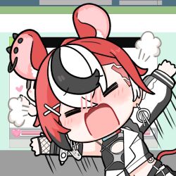  1girl =_= animal_ear_fluff animal_ears black_jacket black_streaks blush chibi closed_eyes collar colored_tips ear_piercing embarrassed fishnet_gloves fishnets gloves hair_ornament hakos_baelz halterneck heart highres hololive hololive_english jacket long_sleeves midriff mouse_ears mouse_girl mouse_tail multicolored_hair multicolored_jacket multiple_piercings navel open_mouth outstretched_arms partially_open_jacket piercing red_hair red_tail single_sleeve snowmya solo spread_arms streaked_hair tail tongue virtual_youtuber white_jacket white_streaks x_hair_ornament zipper 