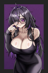 1girl black_dress breasts chest_focus cleavage commentary dress goddess_of_victory:_nikke highres label_(nikke) large_breasts long_hair nekopie96 one_eye_covered pink_hair solo violet_eyes