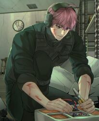  1boy ahoge an_sso_o bamby_(plave) black_shirt blood blood_on_arm blood_on_face bulletproof_vest clock closed_mouth commentary crack cracked_ceiling cracked_wall headphones highres holding_pliers indoors k-pop korean_commentary long_sleeves looking_at_object looking_down male_focus microphone pink_eyes pink_hair plave pliers shirt sleeves_rolled_up solo 