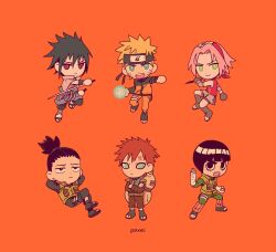  1girl 5boys arms_behind_head artist_name bandaged_hand bandages black_eyes black_hair black_pants black_shoes blonde_hair blue_eyes bodysuit bowl_cut chibi chibi_only closed_mouth crossed_arms earrings facial_mark fighting_stance flak_jacket furrowed_brow gaara_(naruto) gourd green_bodysuit green_eyes green_vest hair_between_eyes hairband haruno_sakura highres holding holding_kunai holding_sword holding_weapon jacket jewelry kunai leg_warmers light_smile multiple_boys nara_shikamaru naruto_(series) naruto_shippuuden open-toe_shoes open_mouth orange_background orange_jacket orange_leg_warmers orange_pants pants parted_bangs pink_hair ponytail poxeii rasengan red_eyes red_hairband red_shirt ribbed_leg_warmers rock_lee rope_belt sharingan sharp_teeth shirt shoes short_hair shouting sword teeth thick_eyebrows uchiha_sasuke uzumaki_naruto vest weapon whisker_markings white_shirt 