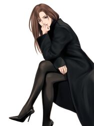  1girl arm_on_thigh bags_under_eyes black_coat black_pantyhose brown_eyes brown_hair coat commentary crossed_legs eyelashes facing_to_the_side from_side hand_on_own_chin high_heels highres ieiri_shoko imeko_san jujutsu_kaisen leaning_forward long_coat long_hair long_legs looking_at_viewer mole mole_under_eye pantyhose simple_background sitting slim_legs white_background 