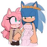 1boy 1girl amy_rose animal_ears animal_nose bare_shoulders blue_fur blush brown_jacket brown_necktie brown_pants closed_mouth collared_jacket collared_shirt crossdressing dress eyelashes flower furry furry_female furry_male green_eyes half-closed_eyes head_wreath hedgehog hedgehog_ears hedgehog_girl highres jacket lips lipstick long_sleeves looking_at_another looking_at_viewer makeup necktie open_clothes open_jacket pants pink_fur shirt simple_background sleeveless sleeveless_dress smile sonic_(series) sonic_the_hedgehog standing teeth toonsite veil wedding_dress white_background white_dress white_shirt yellow_flower 