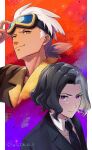  2boys amethio_(pokemon) black_hair black_jacket bright_pupils brown_jacket closed_mouth collared_shirt commentary_request friede_(pokemon) goggles goggles_on_head grey_hair hand_up highres jacket male_focus multicolored_hair multiple_boys necktie pokemon pokemon_(anime) pokemon_horizons satomune_s shirt short_hair smile two-tone_hair violet_eyes white_hair white_shirt yellow_eyes 