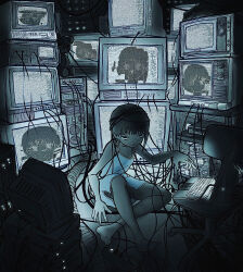  1girl barefoot cable commentary computer dim_lighting entangled highres hunched_over iwakura_lain looking_at_viewer monitor monochrome multiple_monitors nightgown on_floor pupsies serial_experiments_lain skinny stuffed_animal stuffed_toy technology teddy_bear television 