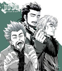  3boys beard blood blood_on_weapon chinese_clothes coat commentary_request dagger dio_brando egg_(cknlun) facial_hair fu_manchu_(mustache) fur-trimmed_coat fur_trim jack_the_ripper_(jojo) jojo_no_kimyou_na_bouken knife long_mustache male_focus multiple_boys mustache phantom_blood profile tangzhuang tongue tongue_out wang_chan weapon 