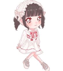  1girl :3 black_hair blunt_bangs blush bow bowtie character_request chibi closed_mouth commentary_request copyright_request deformed dress drill_hair earrings frilled_headwear full_body grey_shoes guest_art heart heart-shaped_pupils idol jewelry lace-trimmed_dress lace_trim long_sleeves looking_at_viewer medium_hair nail_polish nekomaru0817 pastel_colors pink_bow pink_bowtie red_nails shoes sidelocks simple_background smile solo symbol-shaped_pupils white_background white_bow white_dress white_headdress 