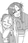  2girls :d ^_^ absurdres blush closed_eyes commentary_request facing_viewer fur_collar greyscale hair_between_eyes hair_bun hand_up head_tilt highres japanese_clothes kimono long_hair long_sleeves looking_at_viewer maki_(soredemo_ayumu_wa_yosetekuru) monochrome multiple_girls obi parted_bangs sash simple_background smile soredemo_ayumu_wa_yosetekuru v white_background wide_sleeves yamamoto_souichirou yaotome_urushi 