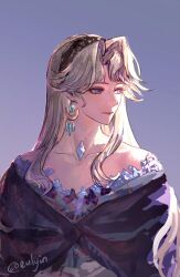  1girl adversarial_noise bare_shoulders beryl_bouanich black_cloak blue_eyes cloak commentary crescent crescent_earrings earrings english_commentary eulyin_huan floating_earrings grey_hair hairband jewelry long_hair looking_to_the_side purple_background reverse:1999 sidelighting solo turning_head twitter_username upper_body 
