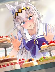  1girl absurdres against_glass ahoge animal_ears blue_eyes blush bow bowtie breasts cake collarbone display_case drooling ear_ornament food grey_hair hair_between_eyes hair_ornament hairband highres horse_ears horse_girl hungry kagutaba_316 long_hair medium_breasts multicolored_hair oguri_cap_(umamusume) open_mouth puffy_short_sleeves puffy_sleeves purple_bow purple_bowtie purple_shirt sailor_collar sailor_shirt saliva school_uniform shirt short_sleeves skirt solo tracen_school_uniform umamusume white_sailor_collar white_skirt 