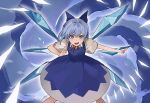  1girl :d absurdres blue_bow blue_dress blue_eyes blue_hair bow cirno danmaku dress flat_chest from_above highres ice ice_wings legs_apart light_blush looking_at_viewer puffy_short_sleeves puffy_sleeves settepasticcino short_hair short_sleeves simple_background smile solo teeth touhou v-shaped_eyebrows wings 