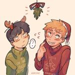  2boys ? alternate_costume black_hair blonde_hair blush christmas christmas_sweater closed_mouth clothes_writing commentary english_commentary english_text esper-eclipse fake_horns green_sweater hanazawa_teruki hat highres horns kageyama_shigeo long_sleeves male_focus mistletoe mob_psycho_100 multiple_boys red_headwear red_sweater santa_hat short_hair simple_background spoken_question_mark sweater upper_body 