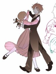  1boy 1girl alternate_costume arm_around_waist bandaged_head bandages black_bow black_shoes blood blood_on_bandages blood_on_clothes bow braid brown_hair brown_pants brown_skirt brown_suit coattails colored_skin dancing dress_shoes expressionless formal_clothes from_side grey_skin hair_bow highres holding_hands long_hair long_skirt long_sleeves looking_to_the_side low_twin_braids madotsuki mary_janes multiple_hair_bows pants pink_sweater pleated_skirt shitaisan shoes short_hair simple_background skirt standing standing_on_one_leg suit sweater tailcoat tuxedo twin_braids uchuujin_(uchuuseimeitai6) unusually_open_eyes waltz_(dance) yume_nikki zombie 
