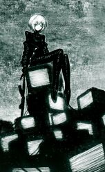  11e10 1girl absurdres bags_under_eyes blurry bob_cut bodysuit bokeh canvas_texture closed_mouth commentary crt depth_of_field faux_traditional_media full_body green_theme hair_ornament hairclip highres jacket jacket_partially_removed long_legs marie_(peripeteia) monochrome on_television partially_unzipped peripeteia pile short_hair sitting solo static television 