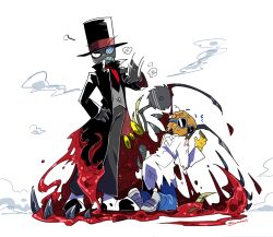  2boys bag_on_head black_coat black_hat black_hat_(villainous) black_necktie blue_pants buttons clenched_teeth coat collared_shirt colored_skin dr._flug full_body gloves goggles grey_pants grey_skin grey_vest hat kneeling male_focus monocle multiple_boys necktie open_clothes open_coat pants red_shirt saw sharp_teeth shirt shoes standing surume17 teeth top_hat twitter_username vest villainous white_background white_shoes yellow_gloves 