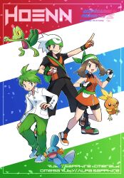  1girl 2boys absurdres backpack bag bandana belt bike_shorts bike_shorts_under_skirt black_shirt black_shorts black_socks brendan_(pokemon) brown_hair commentary_request dress fingerless_gloves full_body gloves green_bandana green_hair green_pants grin hat highres holding holding_poke_ball index_finger_raised may_(pokemon) mixed-language_commentary mudkip multiple_boys open_mouth pants parted_lips poke_ball pokemon pokemon_(creature) pokemon_emerald pokemon_rse premier_ball red_dress red_gloves sawarabi_(sawarabi725) shirt short_hair shorts smile socks starter_pokemon_trio torchic treecko wally_(pokemon) white_shirt 