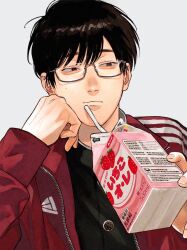  1boy black-framed_eyewear black_hair black_jacket buttons closed_mouth drink_carton drinking_straw gakuran glasses head_rest highres holding holding_milk_carton jacket long_sleeves looking_to_the_side male_focus milk_carton original rectangular_eyewear red_jacket school_uniform short_hair sideways_glance sirokomamaru solo strawberry_milk unzipped upper_body 