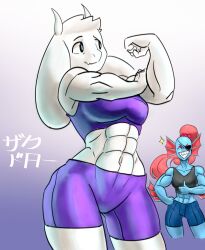  2024 2d 2girls abs alternate_costume animal_ears anthro arm_fins biceps black_eyepatch black_sports_bra blue_shorts blue_skin body_fur breasts closed_eyes colored_skin commentary contrapposto cowboy_shot digital_media droopy_ears duo ear_fins english_commentary eyepatch facing_another fangs female female_only fins fish fish_girl floppy_ears furry furry_female goat goat_ears goat_girl goat_horns gradient_background grin head_fins high_ponytail horns long_hair mammal midriff monster monster_girl muscular muscular_female navel ponytail purple_background purple_shorts purple_sports_bra red_hair sharp_teeth shorts sideways_glance smile sparkle sport_bra stretching teeth text thumbs_up toriel training translation_request two-tone_background undertale undyne utdr_(toby_fox) white_background white_fur white_horns willypahl 