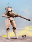  antennae artillery_shell artist_name assault_rifle blue_background cannon day full_body gun hand_on_own_hip helmet highres holding holding_gun holding_weapon m1_abrams mecha military military_vehicle motor_vehicle original outdoors patreon_username psyk323 rifle robot standing tank thick_thighs thighs weapon 
