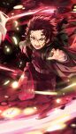  1boy angry battle belt brown_hair checkered_haori demon_slayer_uniform fighting goomrrat haori highres injury japanese_clothes kamado_tanjirou kimetsu_no_yaiba male_focus open_mouth scar scar_on_face scar_on_forehead short_hair solo violet_eyes white_belt 