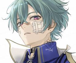  1boy bandaid bandaid_on_face bandaid_on_nose belt belt_collar black_belt blue_hair blue_shirt collar collared_shirt commentary_request double-parted_bangs gauze gauze_on_cheek genshin_impact hair_between_eyes highres injury lohen_(genshin_impact) looking_at_viewer male_focus multicolored_eyes necoco112061 shirt short_hair simple_background solo watermark white_background wing_collar 