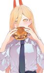  1girl biting black_necktie black_pants blonde_hair burger chainsaw_man collared_shirt cross-shaped_pupils food hair_between_eyes highres horns long_hair looking_at_viewer necktie pants power_(chainsaw_man) red_horns shirt shirt_partially_tucked_in shirt_tucked_in simple_background solo symbol-shaped_pupils valentine_(02140314c) white_background white_shirt yellow_eyes 