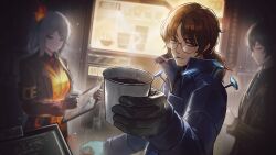  1girl 2boys aedd_(e.g.o) ardor_blossom_star_(e.g.o) black_gloves black_hair blue_coat blue_eyes blue_necktie braid brown_coat brown_hair cigarette clipboard closed_eyes coat coffee cup disposable_coffee_cup disposable_cup e.g.o_(project_moon) faust_(project_moon) fire game_cg glasses gloves green_gloves gregor_(project_moon) highres lantern_(e.g.o) lce_(identity)_(project_moon) limbus_company low_ponytail multiple_boys nai_ga nail_(hardware) necktie official_art orange_vest ponytail project_moon red_necktie short_hair side_braid smoking vest white_hair yi_sang_(project_moon) 