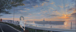  1girl aircraft_carrier blonde_hair blue_skirt blue_sky briefcase building clouds commentary cotact147 destroyer gakuen_idolmaster gradient_sky grass guard_rail hair_ornament hairpin highres holding holding_briefcase horizon idolmaster military_vehicle neckerchief ocean orange_eyes orange_neckerchief orange_sky outdoors road scenery school_briefcase school_uniform serafuku shinosawa_hiro ship shore short_hair short_sleeves skirt sky solo sunset town tree warship water watercraft white_serafuku 