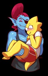  2016 2d 2girls alphys alternate_costume anthro artist_name barefoot black_background black_eyepatch black_tank_top blazbaros blue_pants blue_skin blush boots breasts buck_teeth carrying closed_eyes colored_skin commentary digital_media dinosaur dinosaur_girl duo ear_fins english_commentary eyepatch female female_only fins fish fish_girl glasses hands_on_own_chest head_fins height_difference high_ponytail lizard lizard_girl lizard_tail long_hair long_sleeves monster monster_girl multiple_girls pants ponytail princess_carry red_boots red_hair red_shorts reptile reptile_girl reptile_tail scalie sharp_teeth shirt shorts simple_background smile striped_clothes striped_shorts t-shirt tank_top teeth undertale undyne utdr_(toby_fox) white_shirt white_stripes yellow_skin yuri 