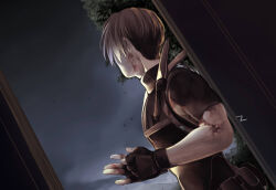  1boy black_gloves black_shirt blood blood_on_arm blood_on_face brown_hair chest_holster clenched_hand commentary doorway fingerless_gloves from_side gloves high_collar leon_s._kennedy male_focus muscular muscular_male ncle_69 resident_evil resident_evil_4 shirt short_hair solo 