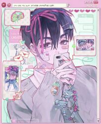  2boys alien_stage bandaid bandaid_on_face bandaid_on_neck black_eyes black_hair black_mask blue_jacket captcha cellphone cellphone_charm charm_(object) chinese_commentary commentary_request gauze gauze_on_cheek green_eyes grey_hair hair_ribbon heart highres holding holding_charm holding_phone ivan_(alien_stage) jacket male_focus mask mask_on_head multiple_boys official_alternate_costume phone pink_ribbon red_pupils ribbon search_bar sleep_mask smartphone solo_focus sukebegg till_(alien_stage) window_(computing) 